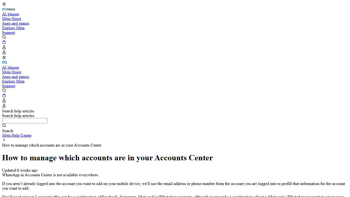 How to manage which accounts are in your Accounts Center | Meta Help Center | Meta Store